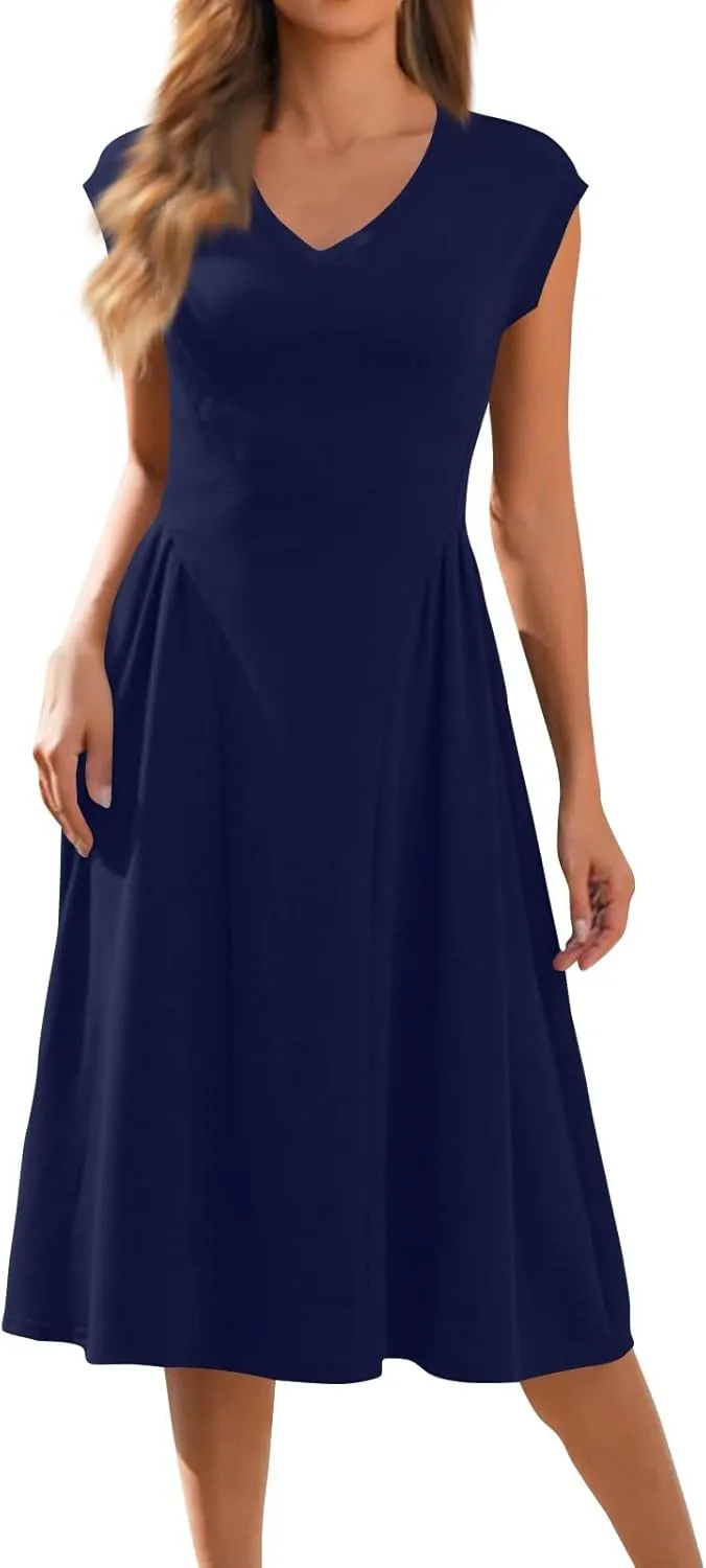 Summer Dresses for Women 2025 Casual V Neck Cap Sleeve Midi Dress Pleated Flowy Business Formal A Line Dresses