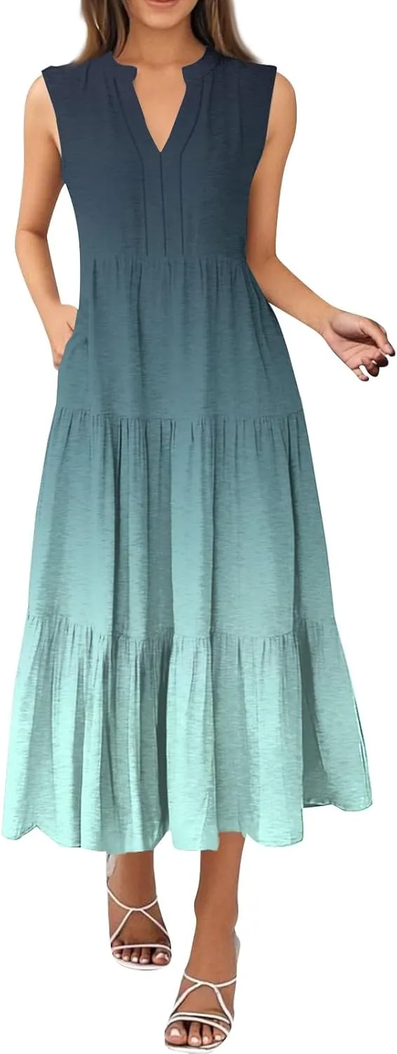 Summer Dresses for Women 2025 Maxi Casual Floral Boho Sundresses Sleeveless V-Neck Pleated Beach Vacation Tank Dress