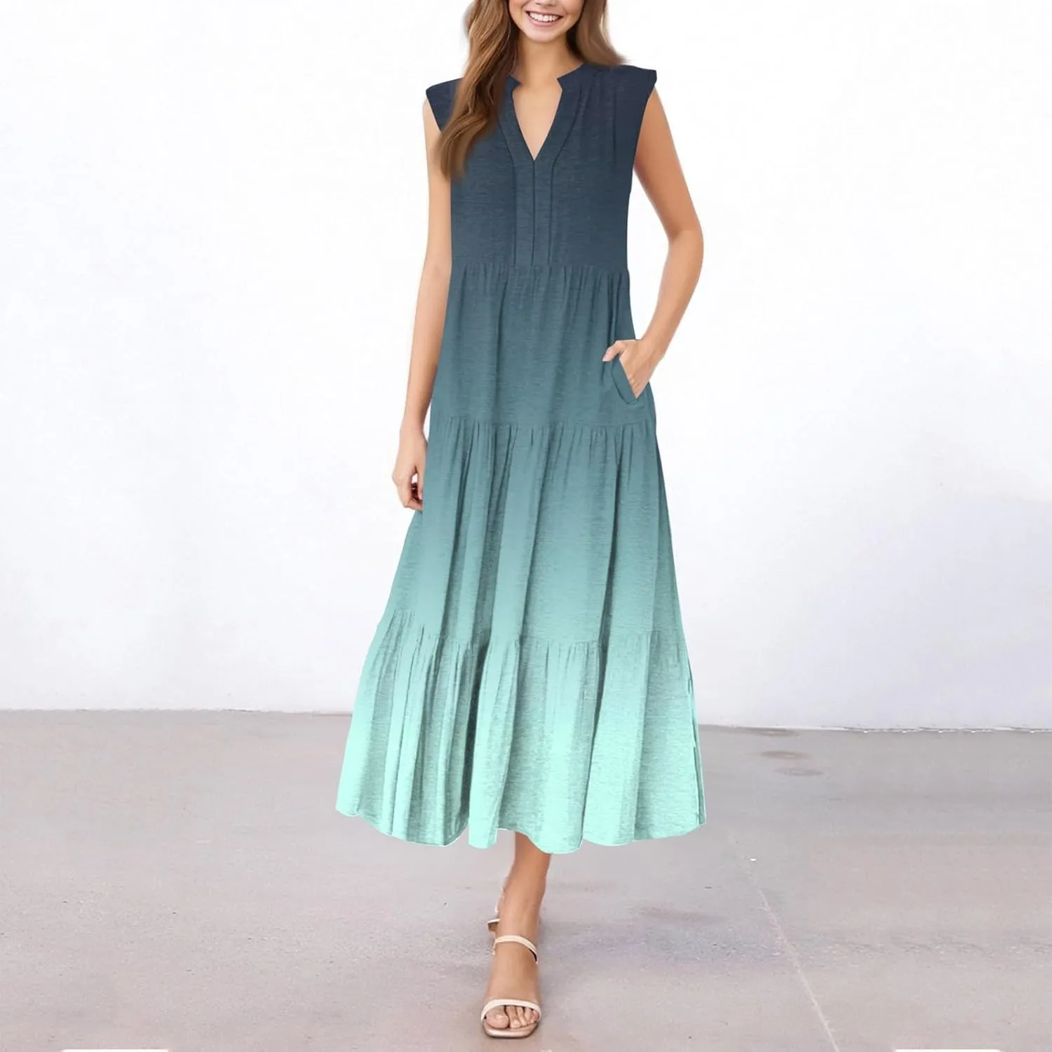 Summer Dresses for Women 2025 Maxi Casual Floral Boho Sundresses Sleeveless V-Neck Pleated Beach Vacation Tank Dress