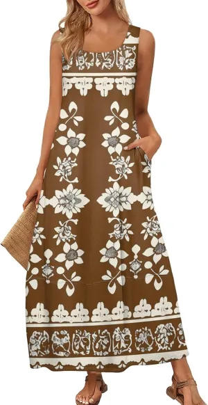 Summer Dresses for Women 2025 Sleeveless Bohemian Maxi Dress with Pockets Floral Print Maxi Sundress Beach Vacation