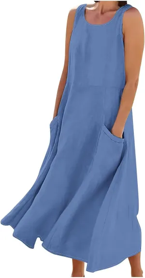 Summer Dresses for Women Cotton Linen Sleeveless Maxi Dress Casual Plus Size Long Length Beach Dress with Pockets