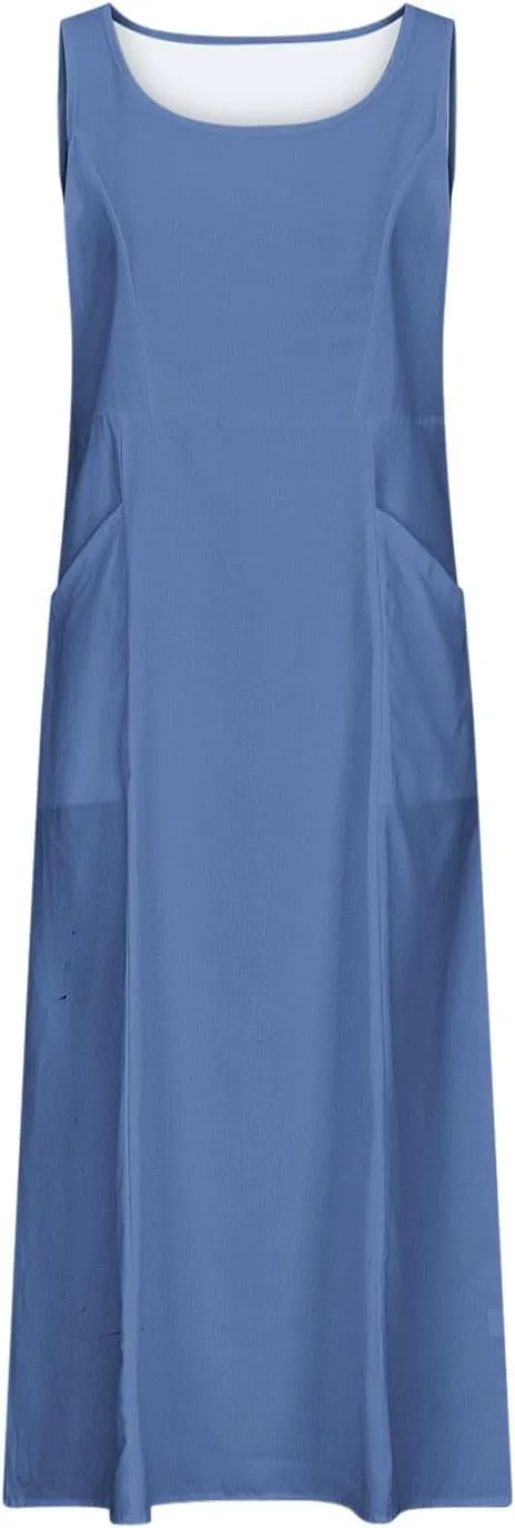 Summer Dresses for Women Cotton Linen Sleeveless Maxi Dress Casual Plus Size Long Length Beach Dress with Pockets