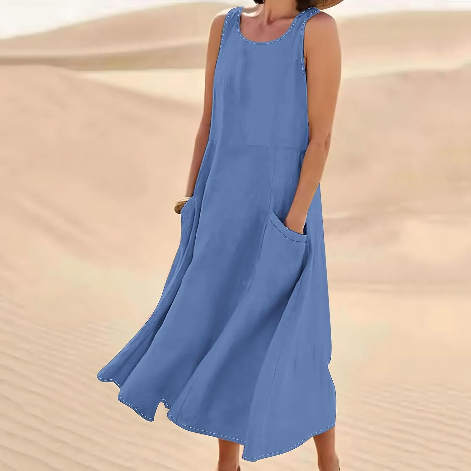 Summer Dresses for Women Cotton Linen Sleeveless Maxi Dress Casual Plus Size Long Length Beach Dress with Pockets