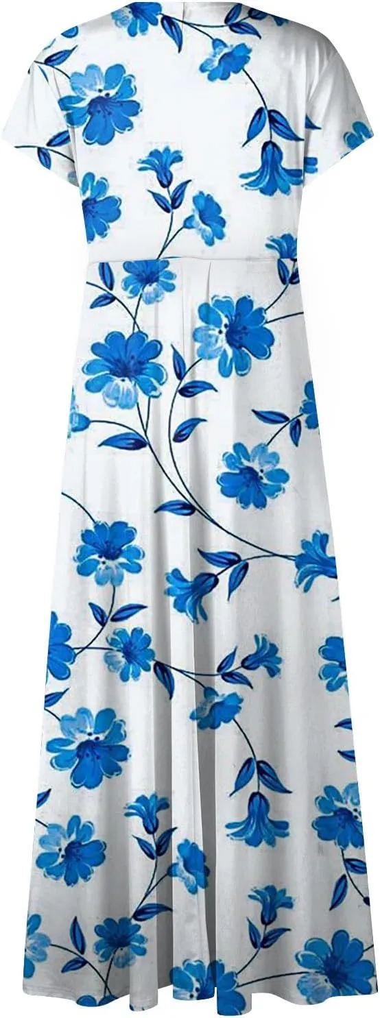 Summer Dresses Women Short Sleeve Maxi Dress Summer Fitted Tight Vintage Floral Print