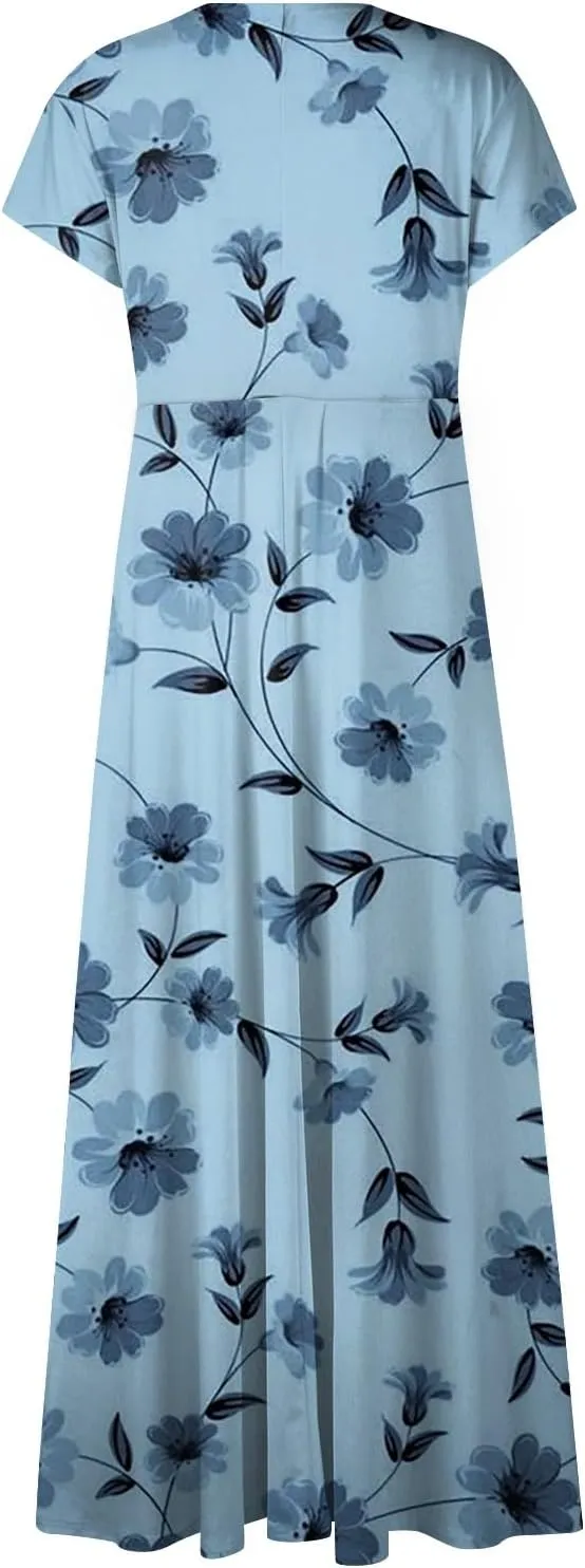 Summer Dresses Women Short Sleeve Maxi Dress Summer Fitted Tight Vintage Floral Print