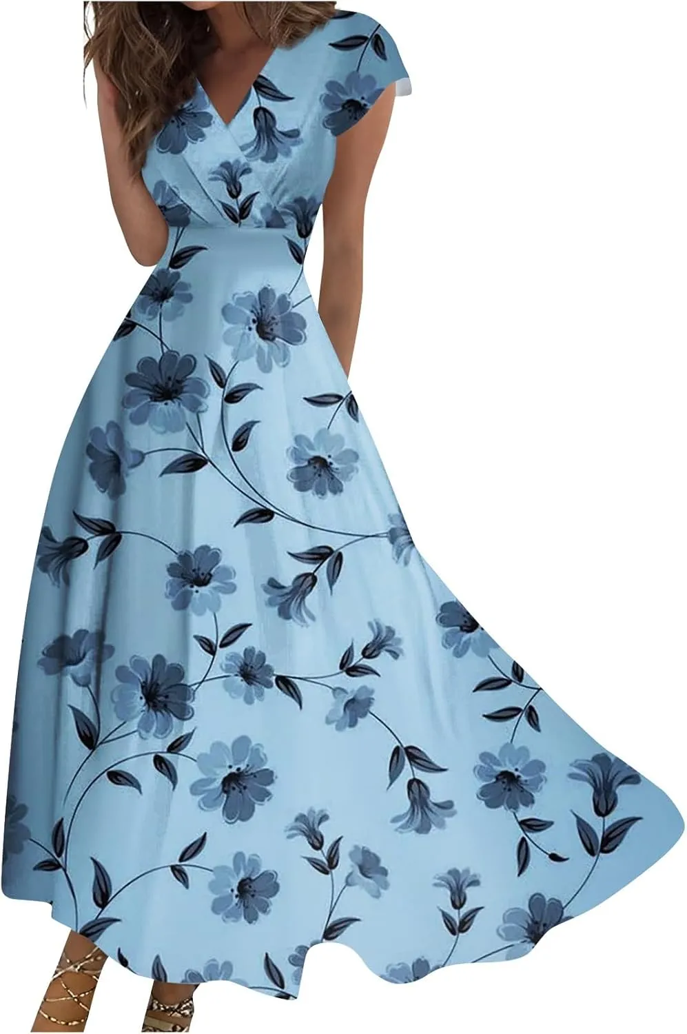 Summer Dresses Women Short Sleeve Maxi Dress Summer Fitted Tight Vintage Floral Print