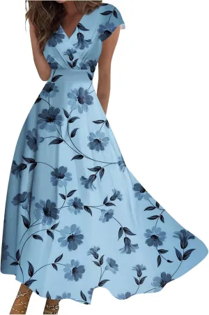 Summer Dresses Women Short Sleeve Maxi Dress Summer Fitted Tight Vintage Floral Print