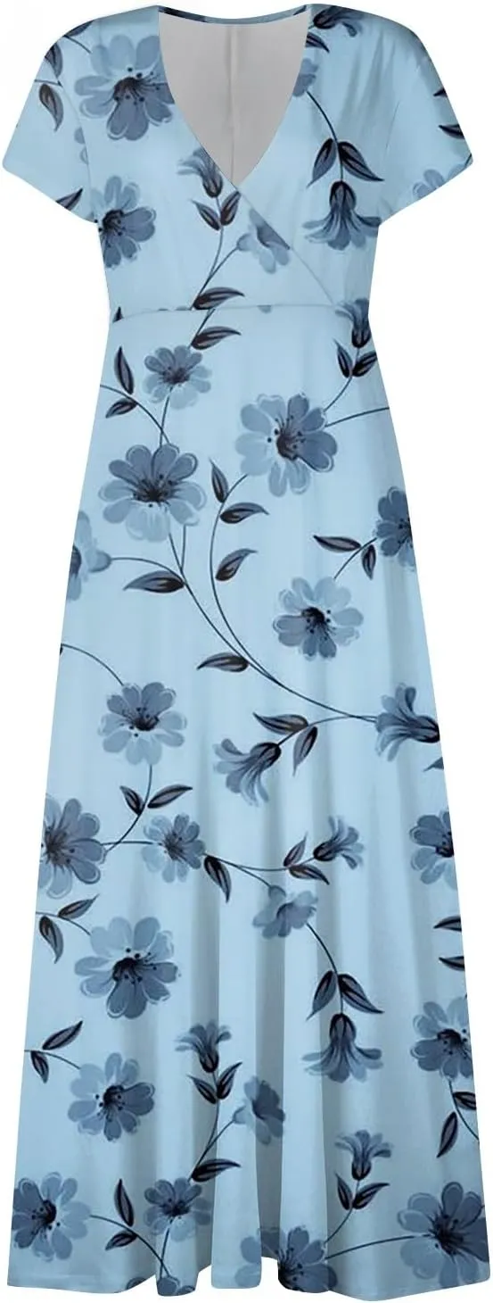 Summer Dresses Women Short Sleeve Maxi Dress Summer Fitted Tight Vintage Floral Print