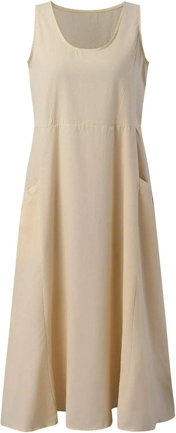 Summer Linen Dresses for Women 2025 Trendy Mini Sleeveless V Neck Outfit Beach Travel Vacation Dress Casual Fit Maxi