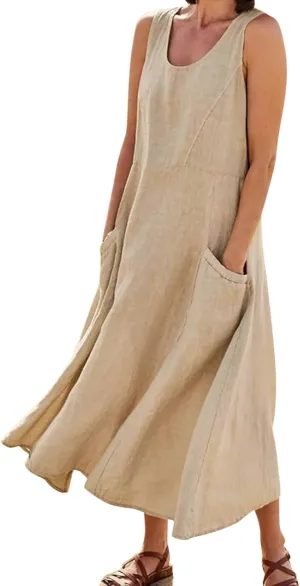 Summer Linen Dresses for Women 2025 Trendy Mini Sleeveless V Neck Outfit Beach Travel Vacation Dress Casual Fit Maxi