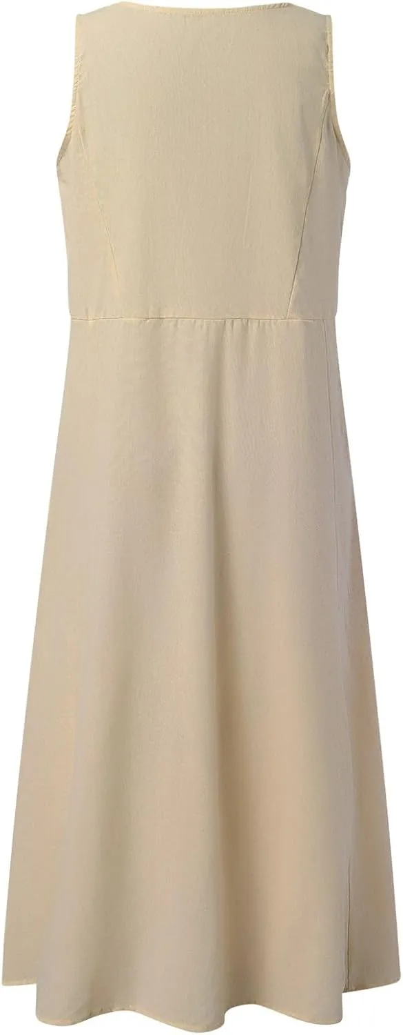 Summer Linen Dresses for Women 2025 Trendy Mini Sleeveless V Neck Outfit Beach Travel Vacation Dress Casual Fit Maxi