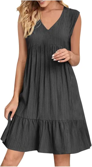 Summer Mini Dress for Women 2025 Pleated Ruffle Dresses Sleeveless V Neck Patchwork Sundress Beach Vacation Outfits