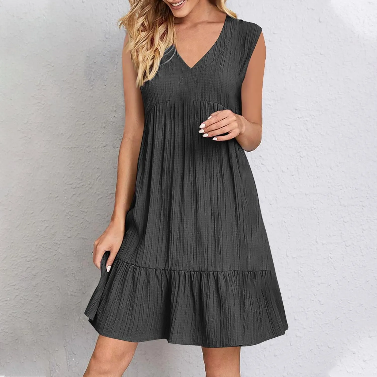 Summer Mini Dress for Women 2025 Pleated Ruffle Dresses Sleeveless V Neck Patchwork Sundress Beach Vacation Outfits
