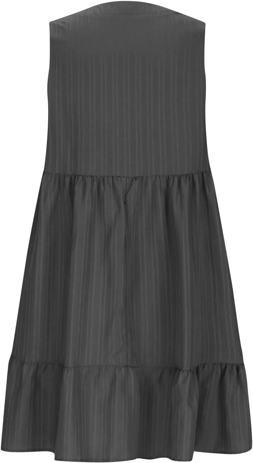 Summer Mini Dress for Women 2025 Pleated Ruffle Dresses Sleeveless V Neck Patchwork Sundress Beach Vacation Outfits