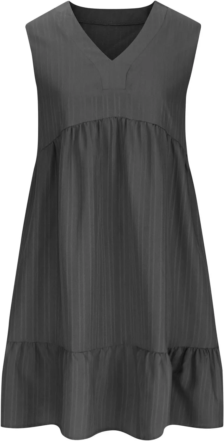 Summer Mini Dress for Women 2025 Pleated Ruffle Dresses Sleeveless V Neck Patchwork Sundress Beach Vacation Outfits