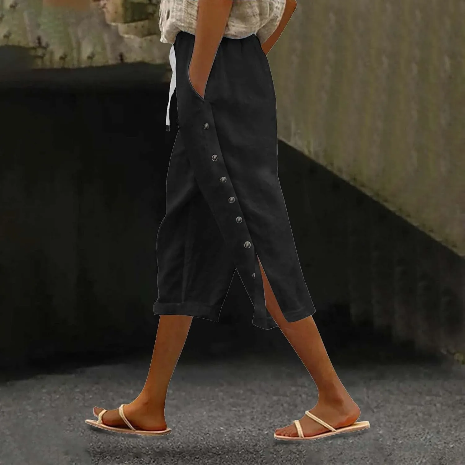 Summer Pants for Women Casual Linen Capri Pants High Rise Drawstring Button Down Loose Pockets Solid Trouser Tall 2025