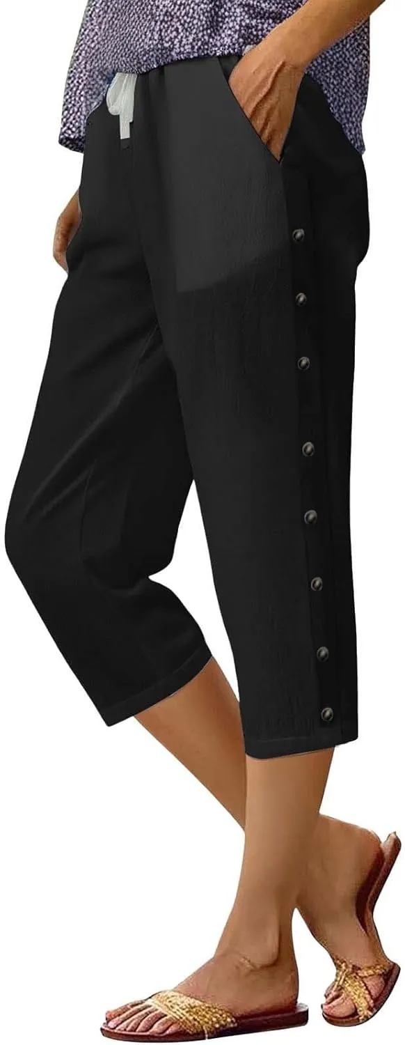 Summer Pants for Women Casual Linen Capri Pants High Rise Drawstring Button Down Loose Pockets Solid Trouser Tall 2025