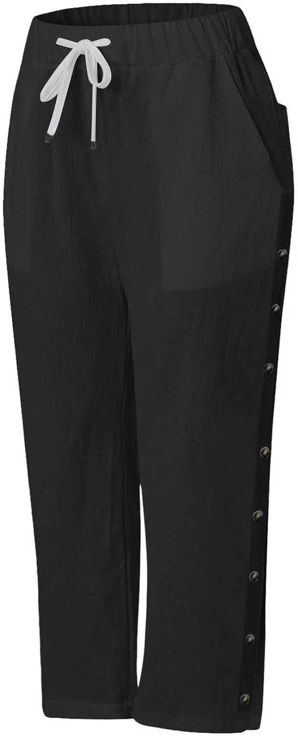 Summer Pants for Women Casual Linen Capri Pants High Rise Drawstring Button Down Loose Pockets Solid Trouser Tall 2025