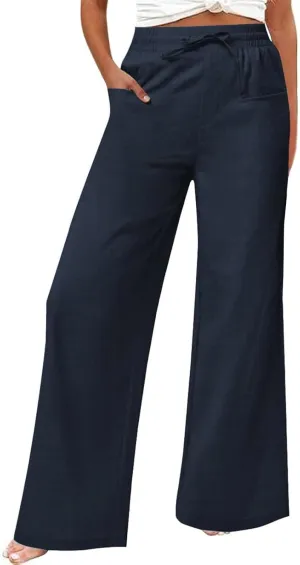 Summer Pants for Women Fashion High Rise Palazzo Pants Wide Leg Stretch Elastic Solid Loose Trousers with Patch Pocket