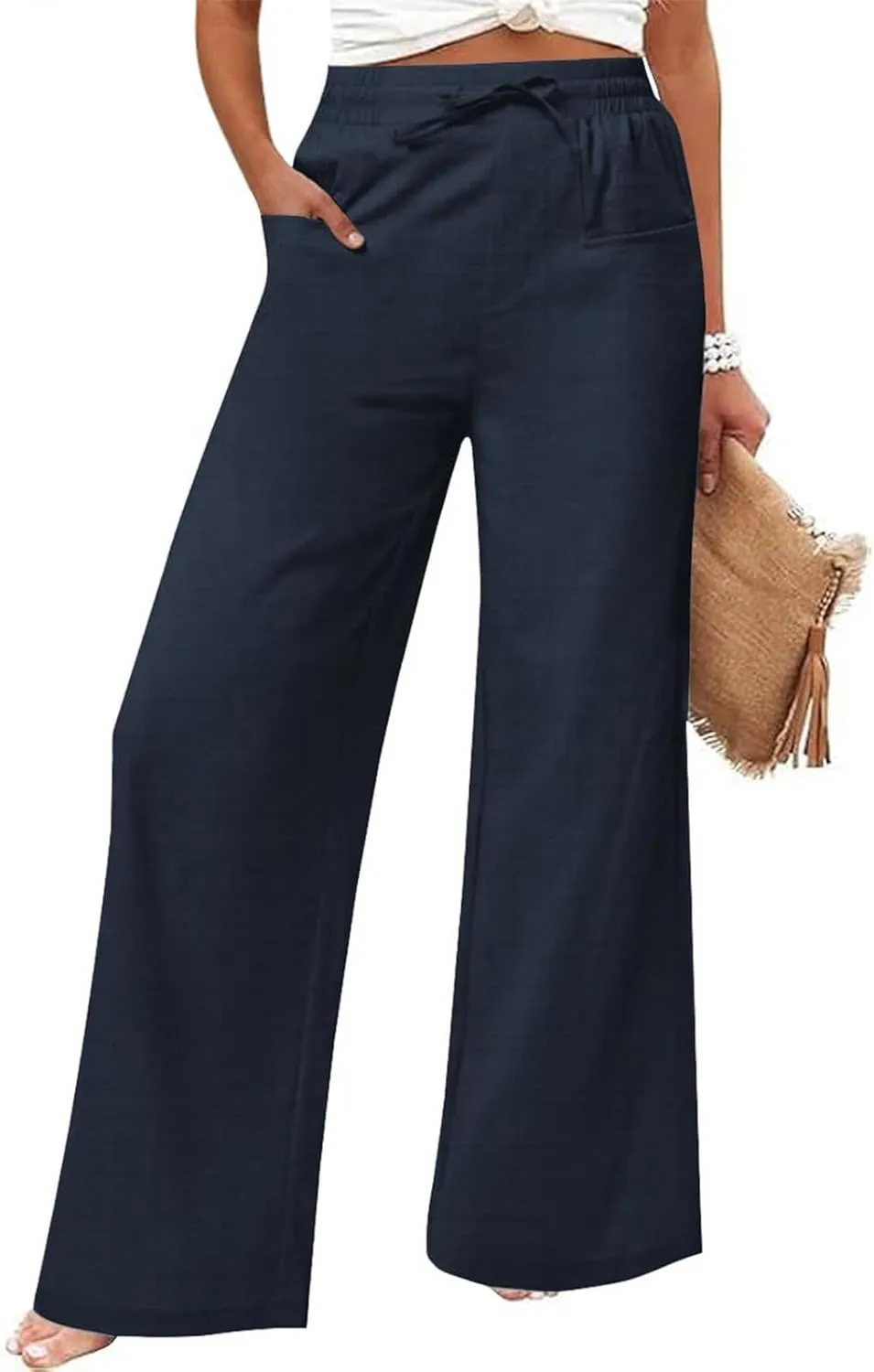 Summer Pants for Women Fashion High Rise Palazzo Pants Wide Leg Stretch Elastic Solid Loose Trousers with Patch Pocket