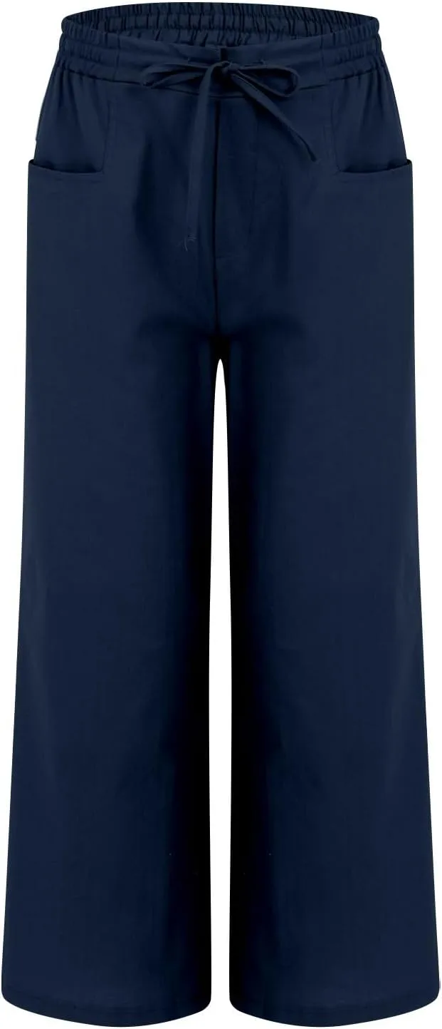Summer Pants for Women Fashion High Rise Palazzo Pants Wide Leg Stretch Elastic Solid Loose Trousers with Patch Pocket