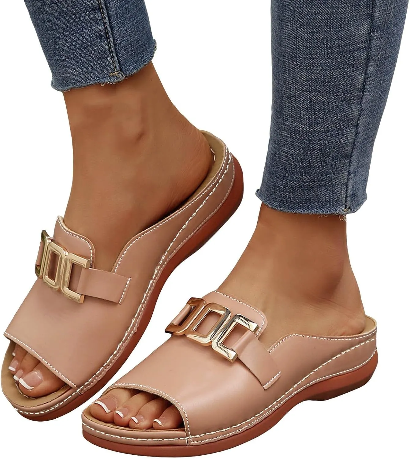 Summer Sandals for Women Comfortable Walking Low Heel Slip On Slippers Breathable Platform Wedges Sandals Lightweight Open Toe Slippers Orthopedic Arch Support Sandal