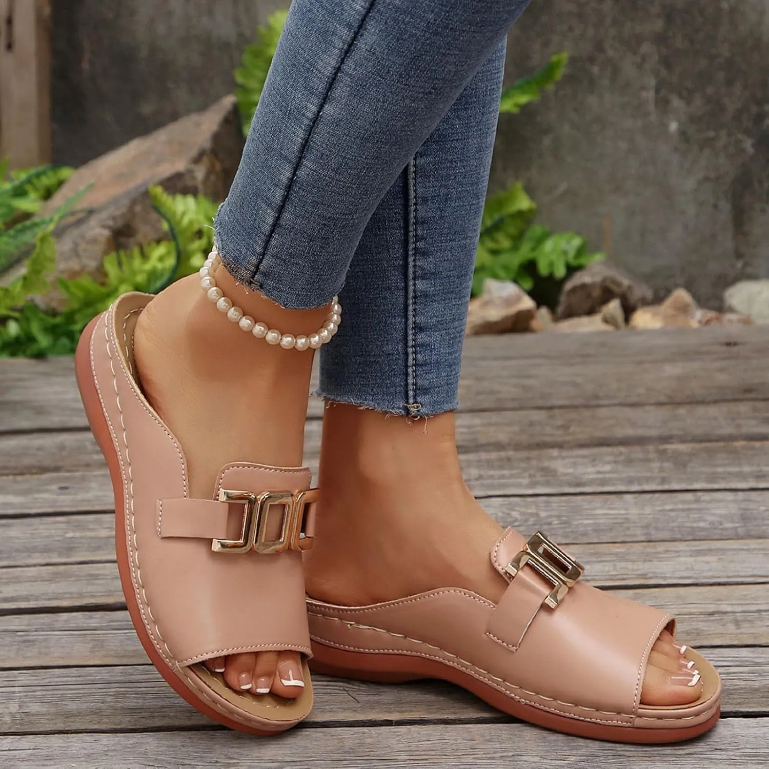 Summer Sandals for Women Comfortable Walking Low Heel Slip On Slippers Breathable Platform Wedges Sandals Lightweight Open Toe Slippers Orthopedic Arch Support Sandal