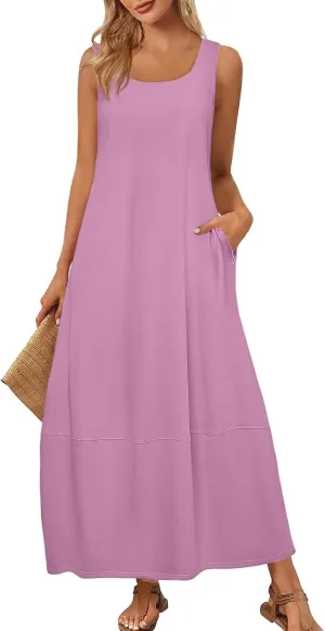 Sun Dresses for Women 2025 Vacation Sleeveless Summer Maxi Dress Floral Print U Neck Beach Dress with Side Pockets