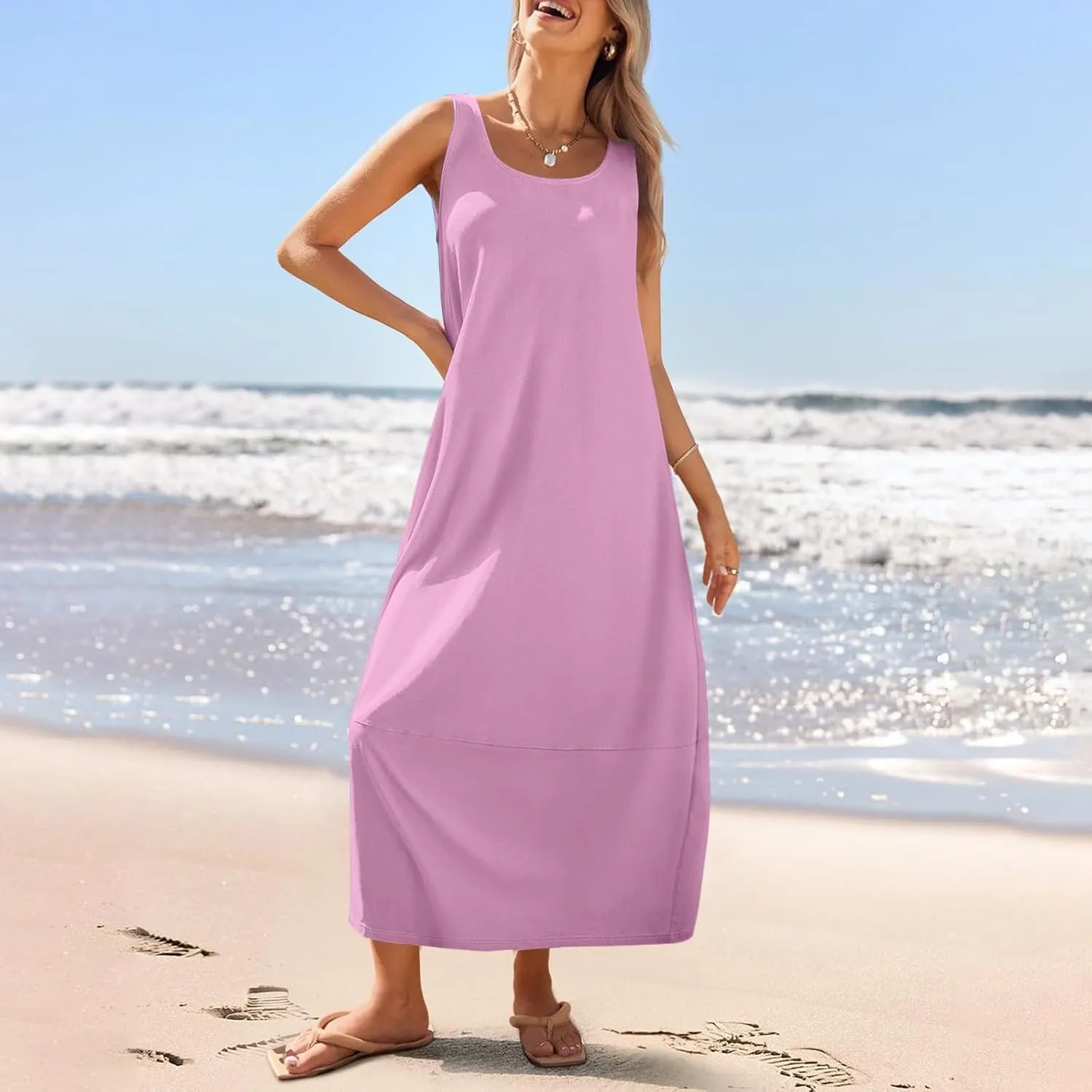 Sun Dresses for Women 2025 Vacation Sleeveless Summer Maxi Dress Floral Print U Neck Beach Dress with Side Pockets