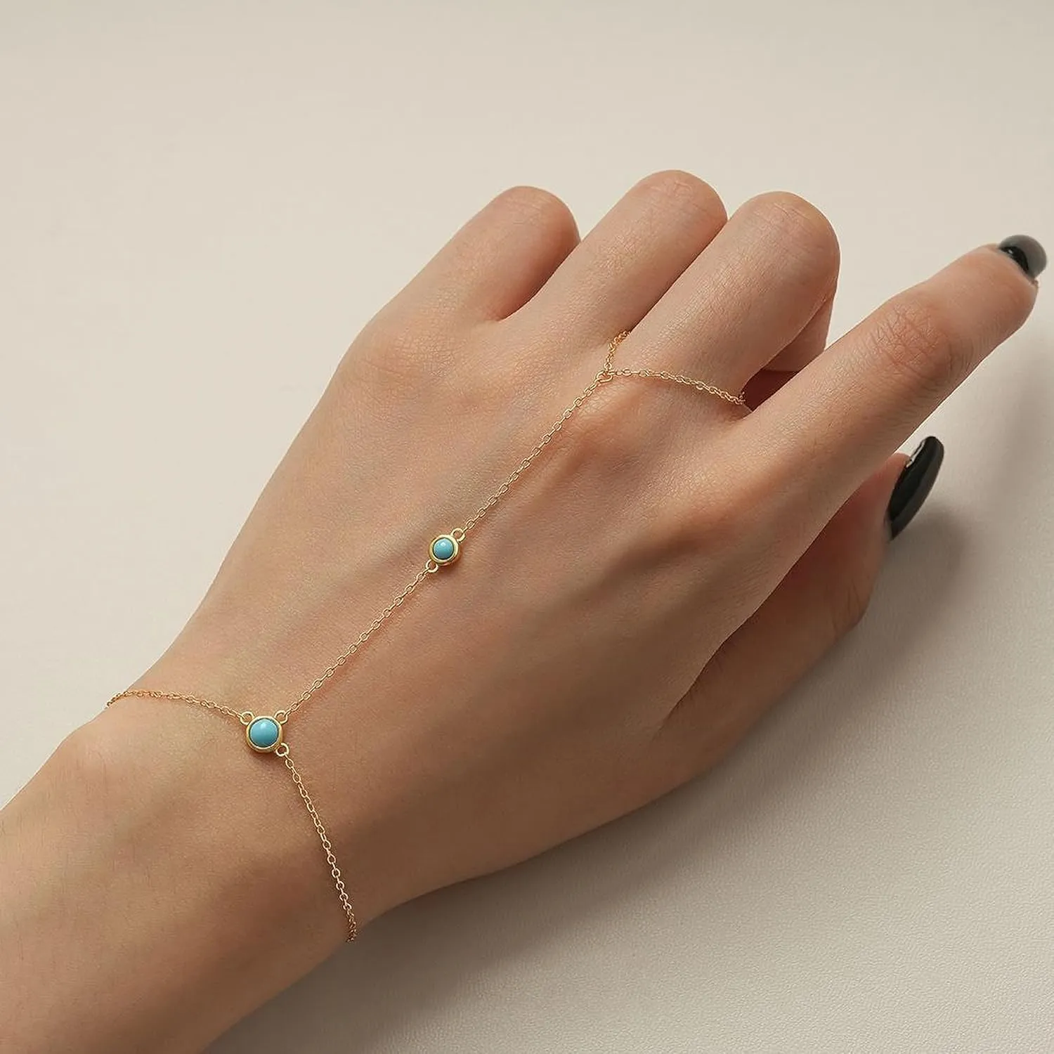 SUYACS 14K Gold Plated Birthstone Hand Chains Bracelet for Women Dainty Red Cubic Zirconia Turquoise Stone Finger Ring Slave Bracelet Jewelry Birthday Valentines Day Gifts for Mom Friends