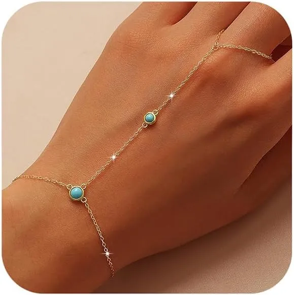 SUYACS 14K Gold Plated Birthstone Hand Chains Bracelet for Women Dainty Red Cubic Zirconia Turquoise Stone Finger Ring Slave Bracelet Jewelry Birthday Valentines Day Gifts for Mom Friends