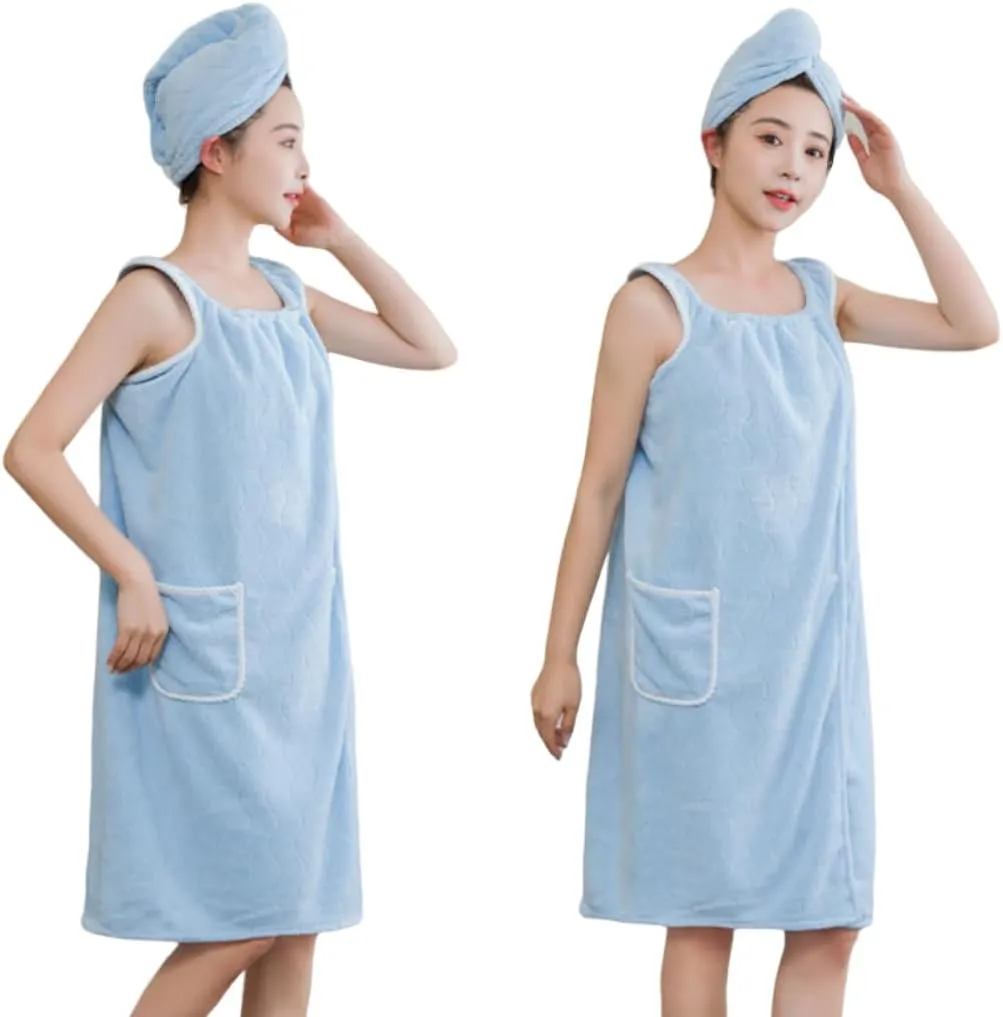 SYNLOB Women's Shower Wrap Bath Wrap Robe Terry Cloth Body Towel with Hair Dry Towel,Wrap Spa Soft Bath Towel Adjustable Snap Hair Towel (Blue)