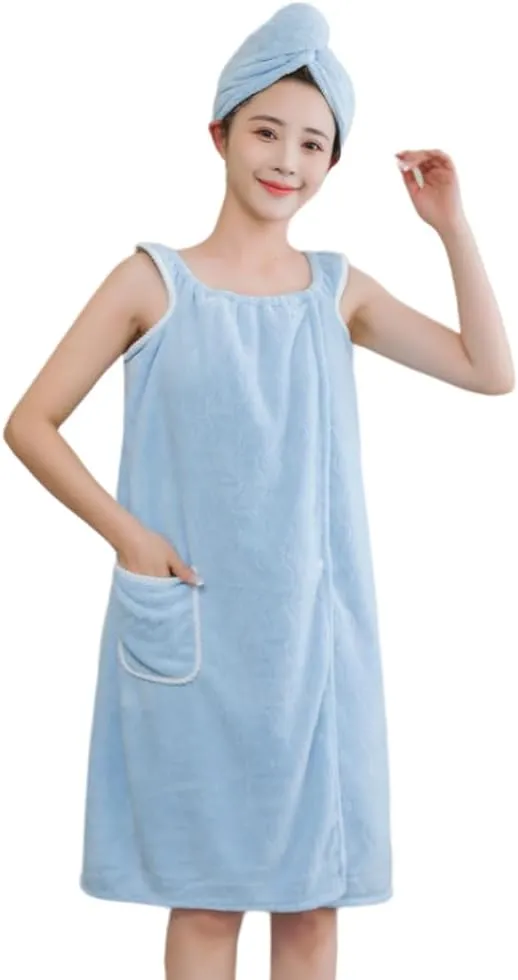 SYNLOB Women's Shower Wrap Bath Wrap Robe Terry Cloth Body Towel with Hair Dry Towel,Wrap Spa Soft Bath Towel Adjustable Snap Hair Towel (Blue)
