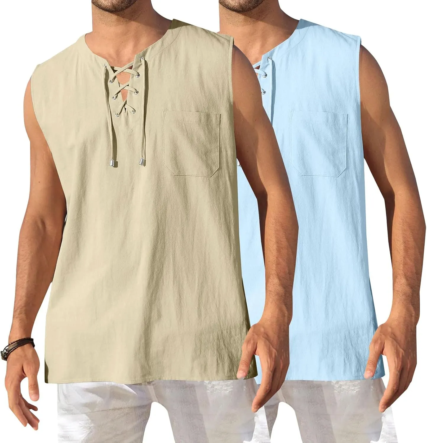 Tank Tops Men Cotton and Linen 2 Pc Sleeveless Beach Summer Casual Muscle Gym Workout Big and Tall Vest Fashion Shirts