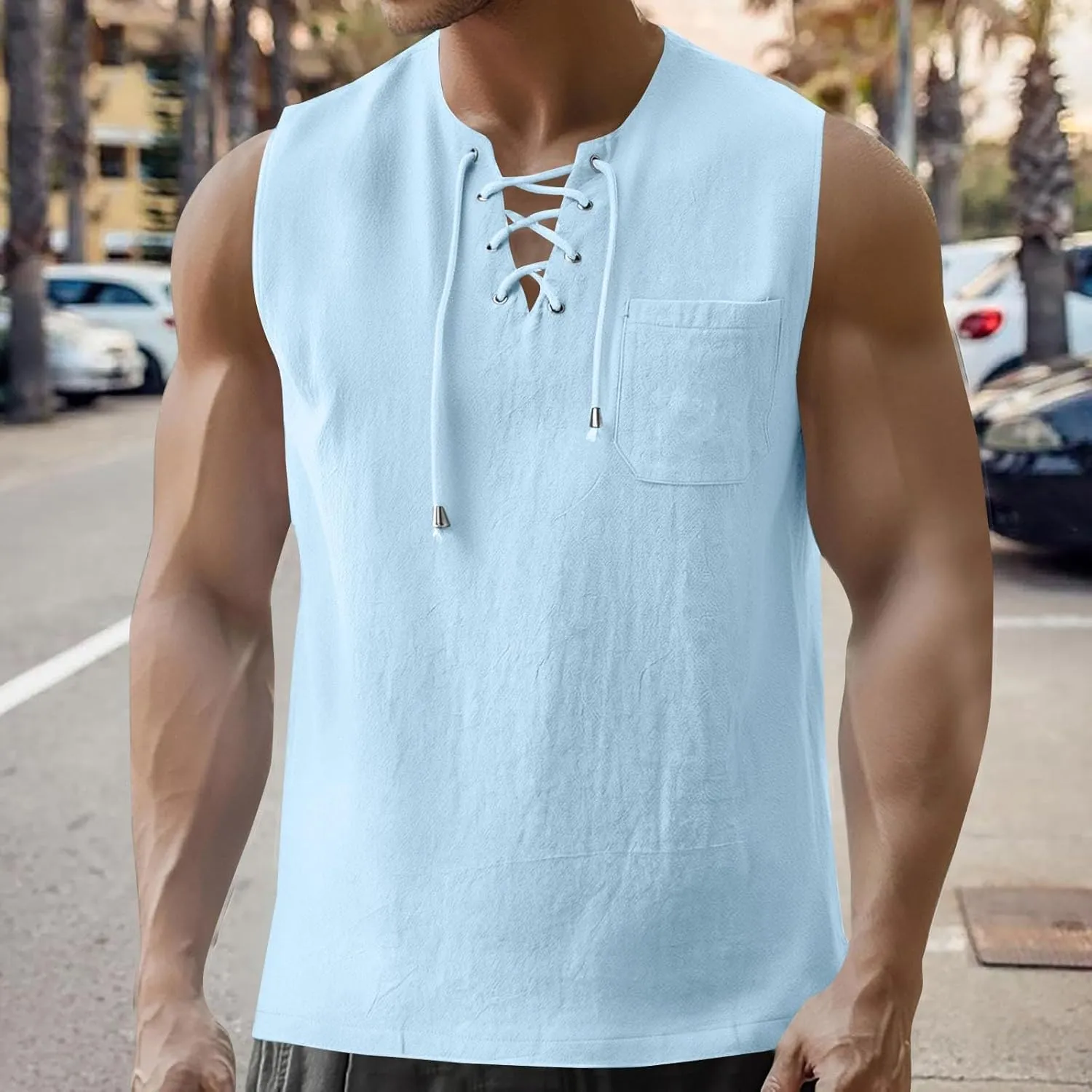 Tank Tops Men Cotton and Linen 2 Pc Sleeveless Beach Summer Casual Muscle Gym Workout Big and Tall Vest Fashion Shirts