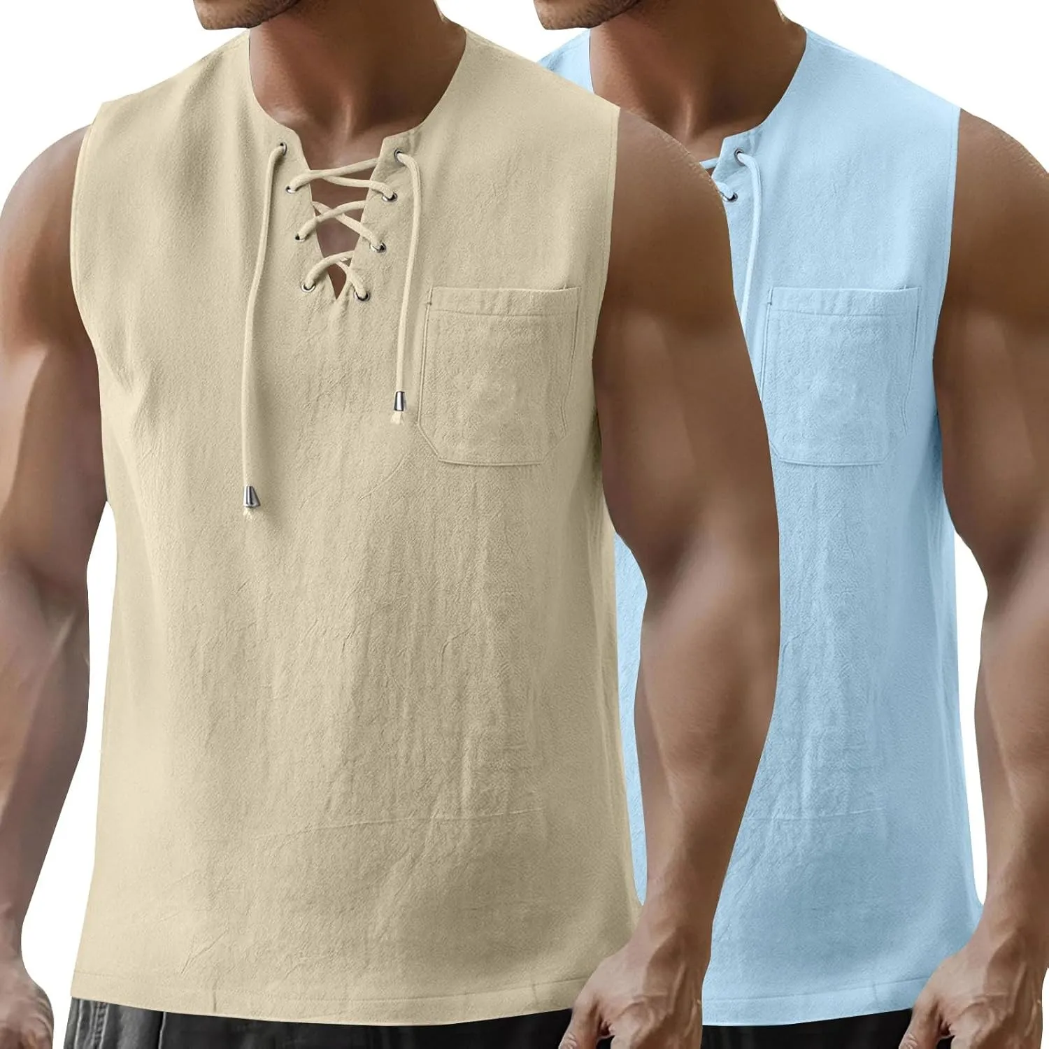 Tank Tops Men Cotton and Linen 2 Pc Sleeveless Beach Summer Casual Muscle Gym Workout Big and Tall Vest Fashion Shirts
