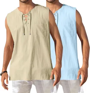 Tank Tops Men Cotton and Linen 2 Pc Sleeveless Beach Summer Casual Muscle Gym Workout Big and Tall Vest Fashion Shirts