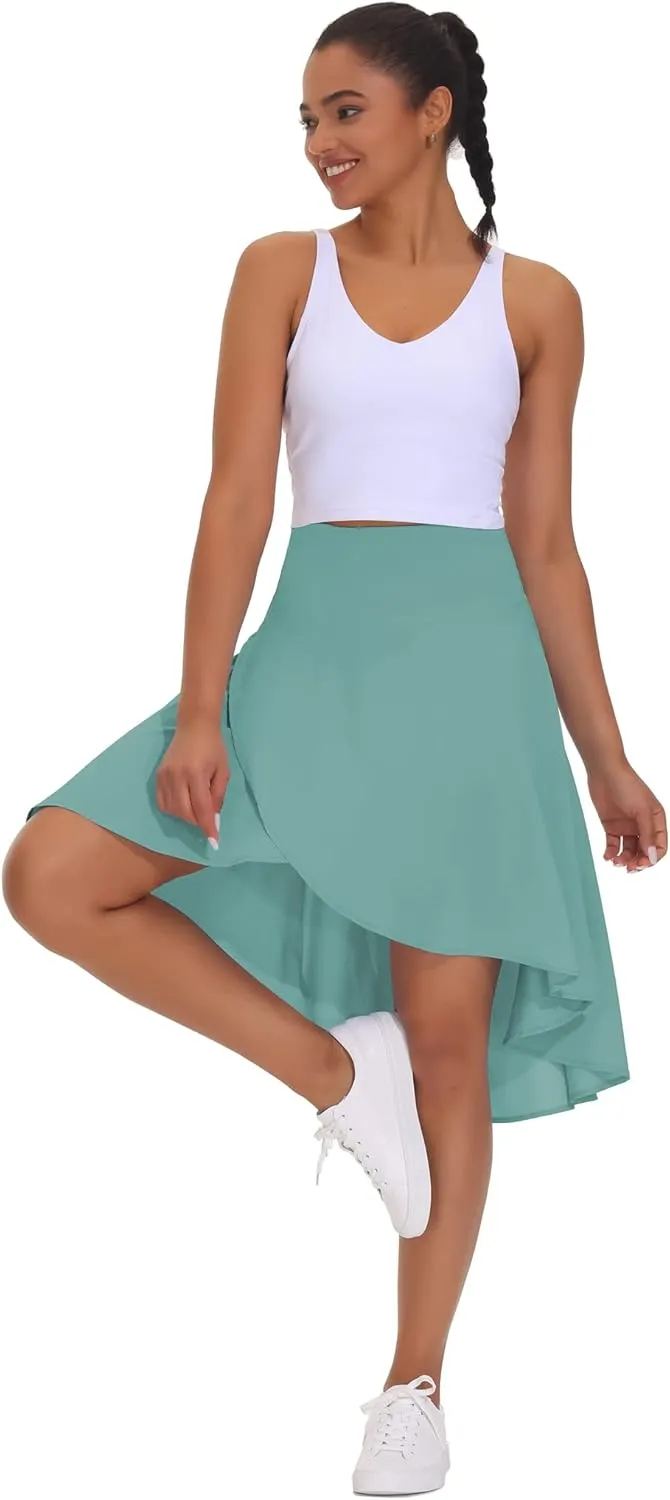 THE GYM PEOPLE Women's High Waist Wrap Ruffle Hem Asymmetric Skort High Low Flowy Midi Skirt with Shorts