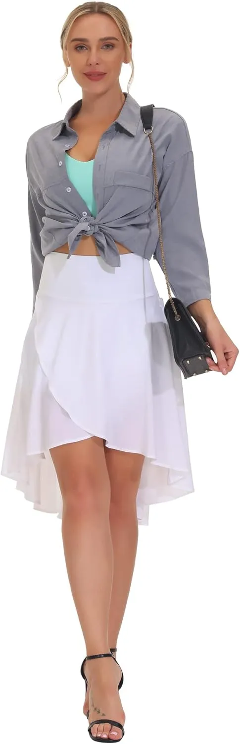 THE GYM PEOPLE Women's High Waist Wrap Ruffle Hem Asymmetric Skort High Low Flowy Midi Skirt with Shorts