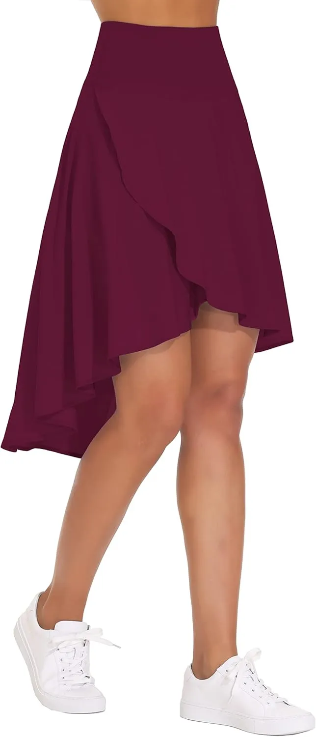 THE GYM PEOPLE Women's High Waist Wrap Ruffle Hem Asymmetric Skort High Low Flowy Midi Skirt with Shorts
