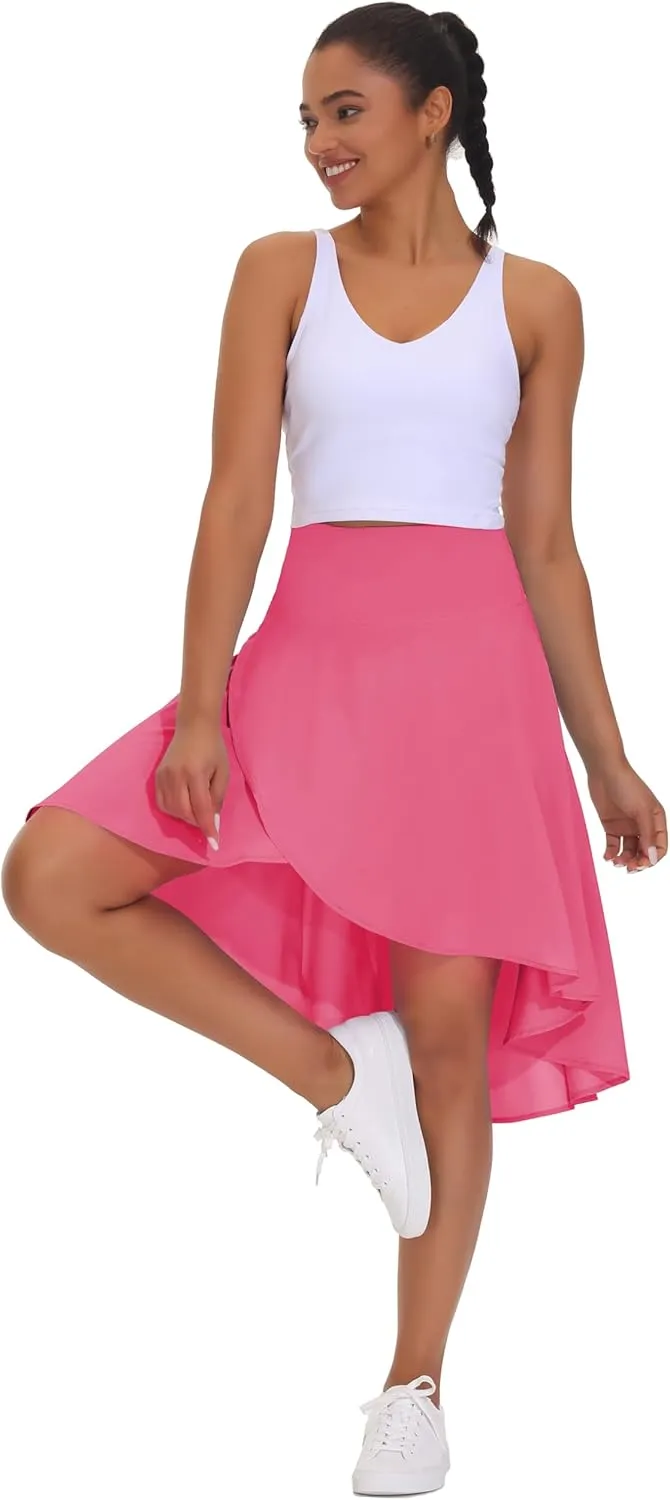 THE GYM PEOPLE Women's High Waist Wrap Ruffle Hem Asymmetric Skort High Low Flowy Midi Skirt with Shorts