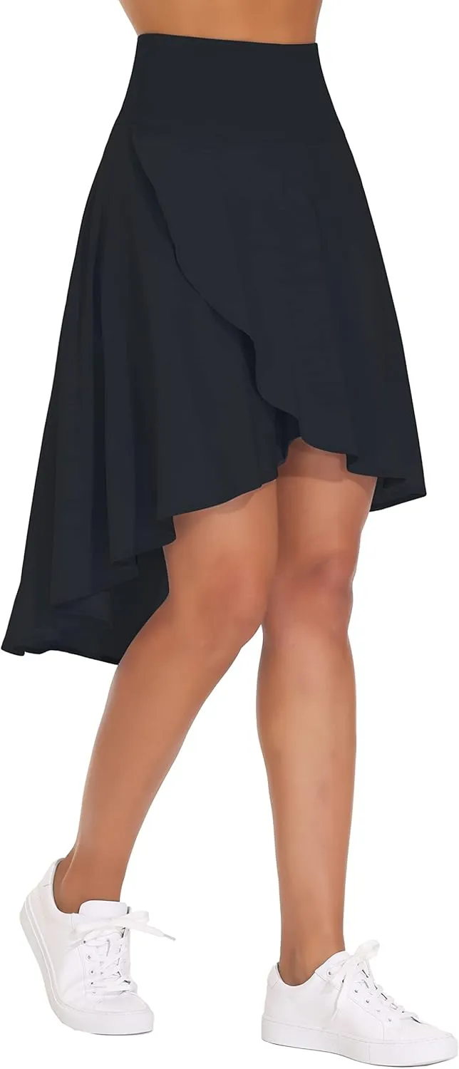 THE GYM PEOPLE Women's High Waist Wrap Ruffle Hem Asymmetric Skort High Low Flowy Midi Skirt with Shorts