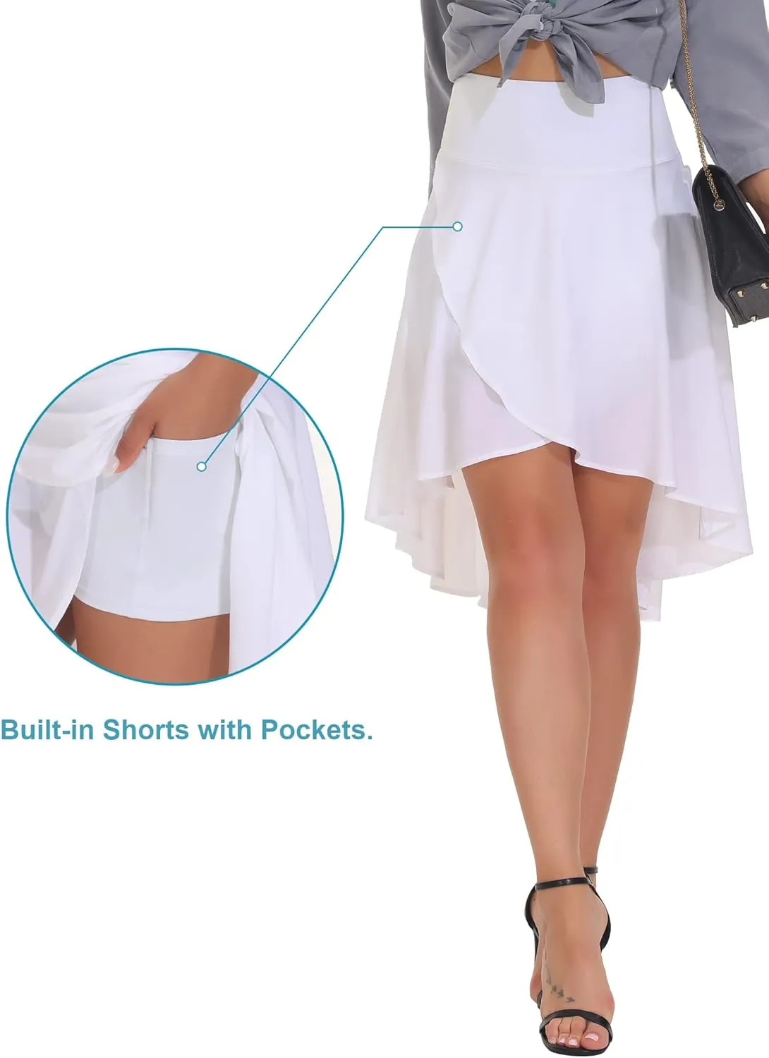 THE GYM PEOPLE Women's High Waist Wrap Ruffle Hem Asymmetric Skort High Low Flowy Midi Skirt with Shorts