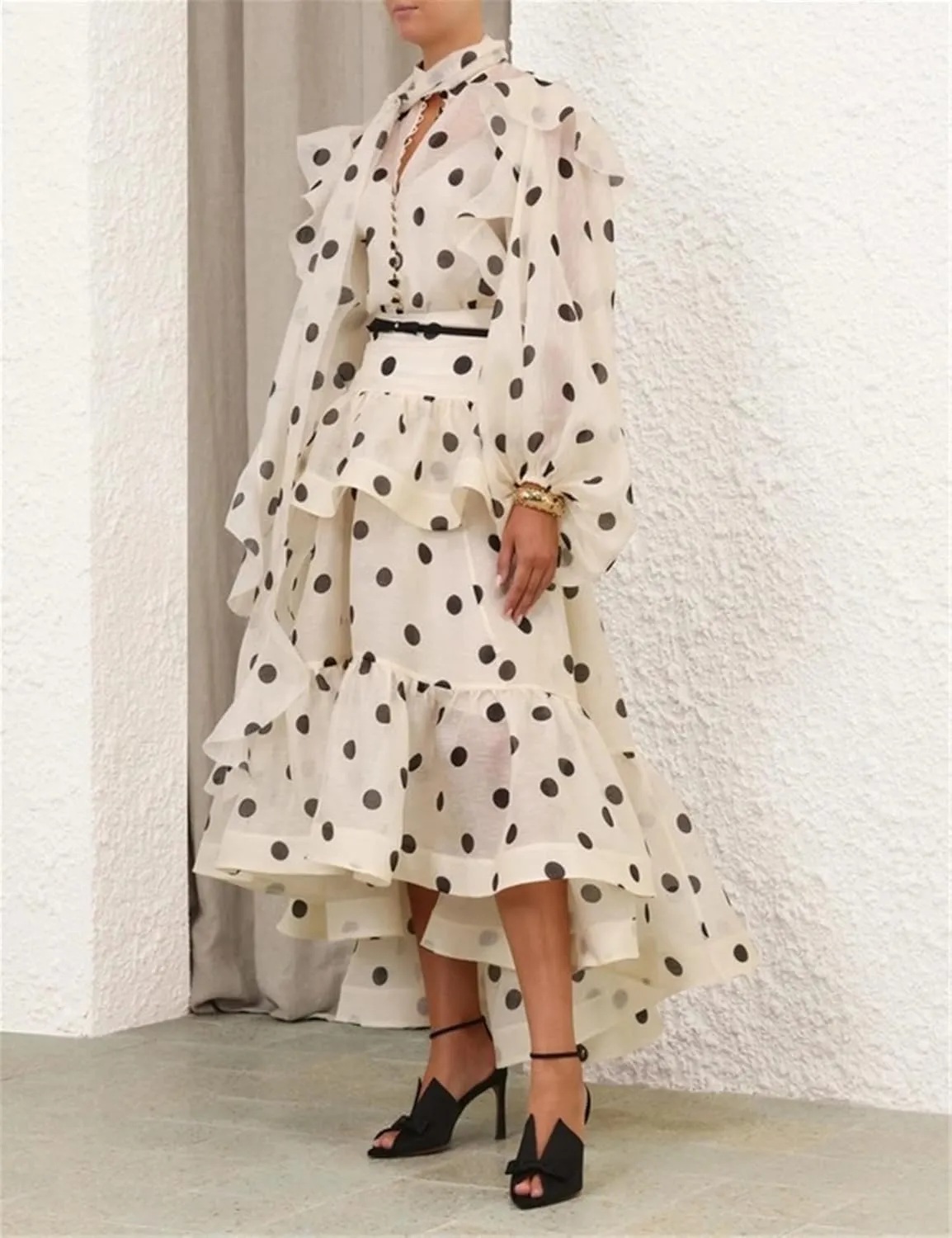 THLAI Women Polka Dot Maxi Skirt Ruffle Layered Long Skirt High Waist Asymmetrical Midi Skirt Summer Skirt