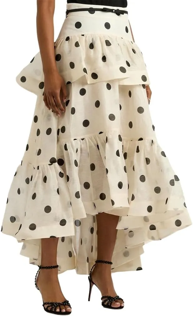 THLAI Women Polka Dot Maxi Skirt Ruffle Layered Long Skirt High Waist Asymmetrical Midi Skirt Summer Skirt