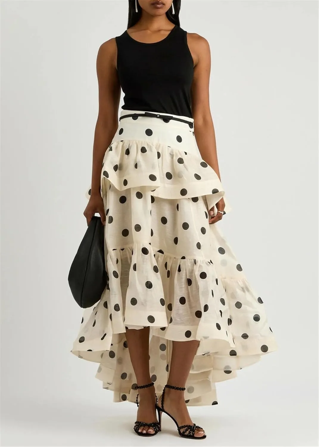 THLAI Women Polka Dot Maxi Skirt Ruffle Layered Long Skirt High Waist Asymmetrical Midi Skirt Summer Skirt