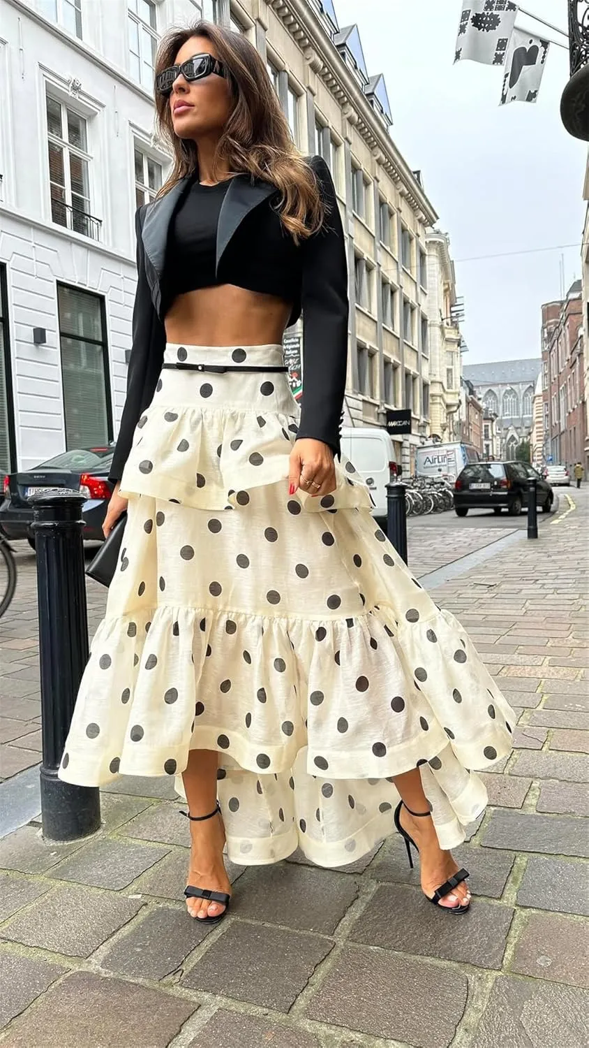 THLAI Women Polka Dot Maxi Skirt Ruffle Layered Long Skirt High Waist Asymmetrical Midi Skirt Summer Skirt