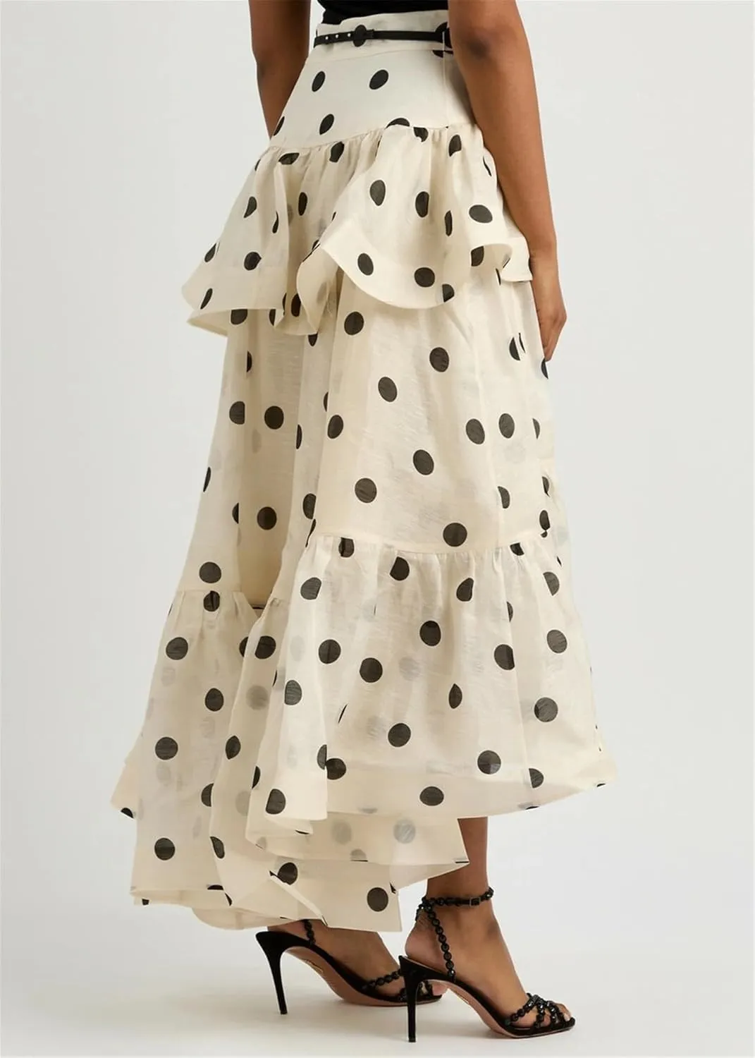 THLAI Women Polka Dot Maxi Skirt Ruffle Layered Long Skirt High Waist Asymmetrical Midi Skirt Summer Skirt