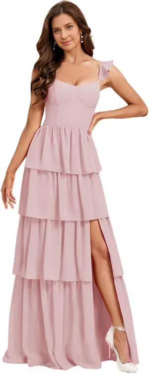 Tiered Ruffles Bridesmaid Dresses for Women 2025 Chiffon Long Formal Evening Dresses with Slit