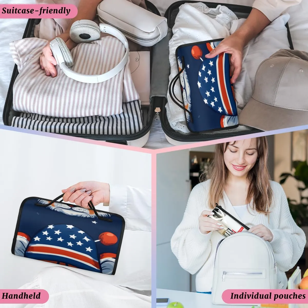 Tiger Flag Foldable Toiletry Bag with Detachable Removable Pouches Hanging 4 in 1 Roll Up Large Makeup Toiletry Organizer Storage Bag with Handle